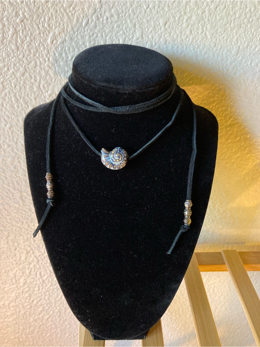 Black Suede Wrap Necklace with Blue Spiral Shell Pendant